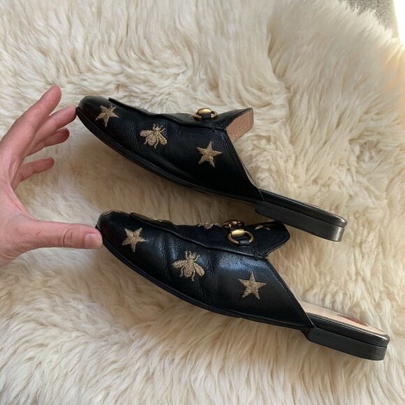 GUCCI Princetown Bee Star Embroidered Gold Mules Rare Designer Blogger Favorite - Picture 11 of 12